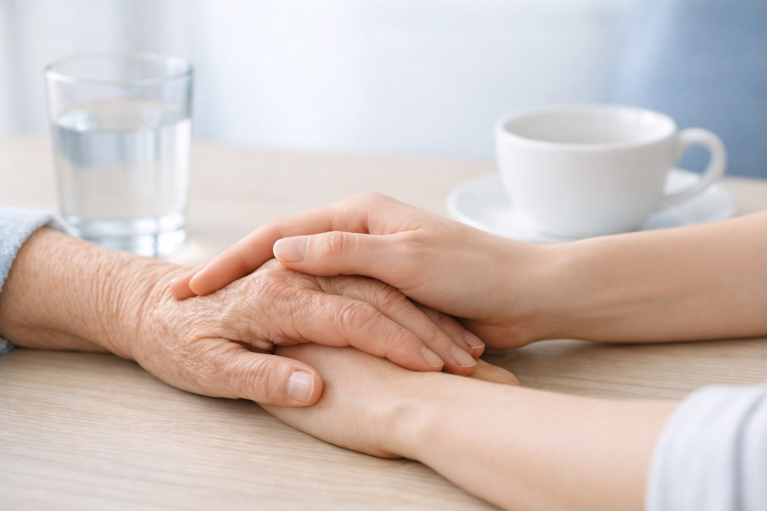 Close-up of a caregiver holding a senior's hand in a bright room, illustrating personalized care and connection.