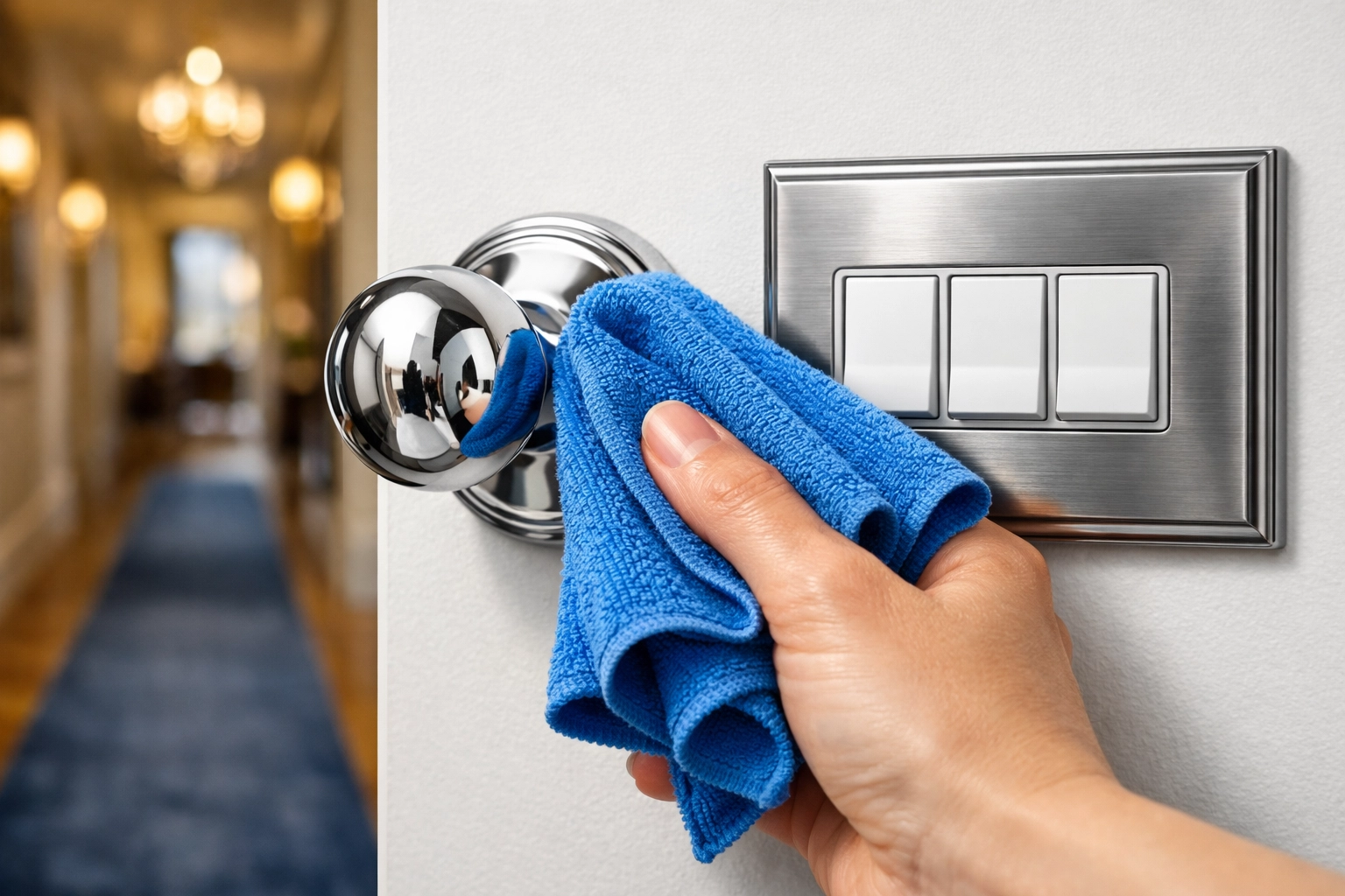 Sanitizing high-touch surfaces like doorknobs and light switches with professional maid services Worcester.