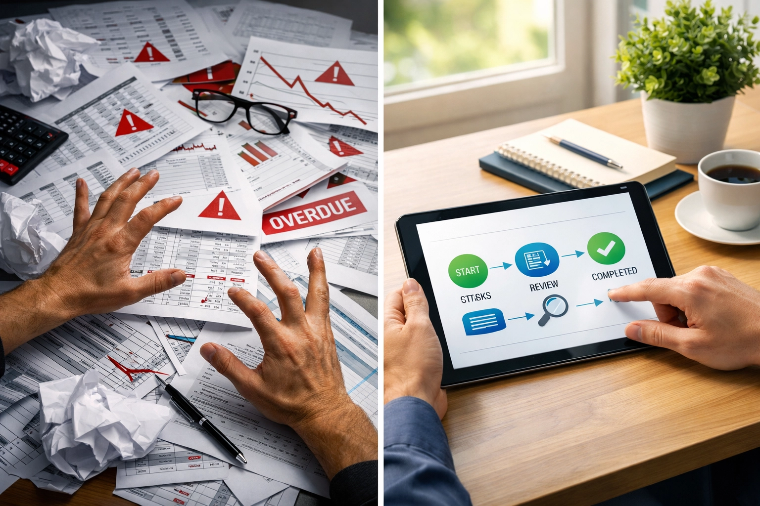 Before and after comparison: chaotic manual operations versus streamlined automated workflow management