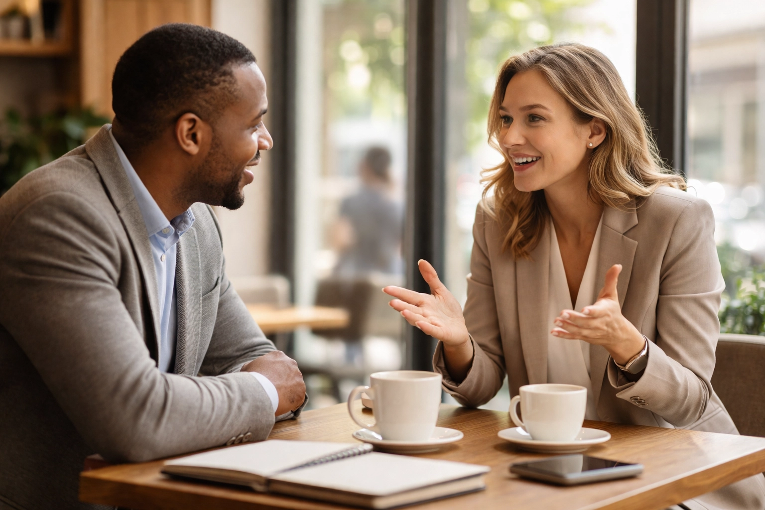 Two business professionals having a genuine conversation at a local coffee shop, showing relationship-first networking in action.
