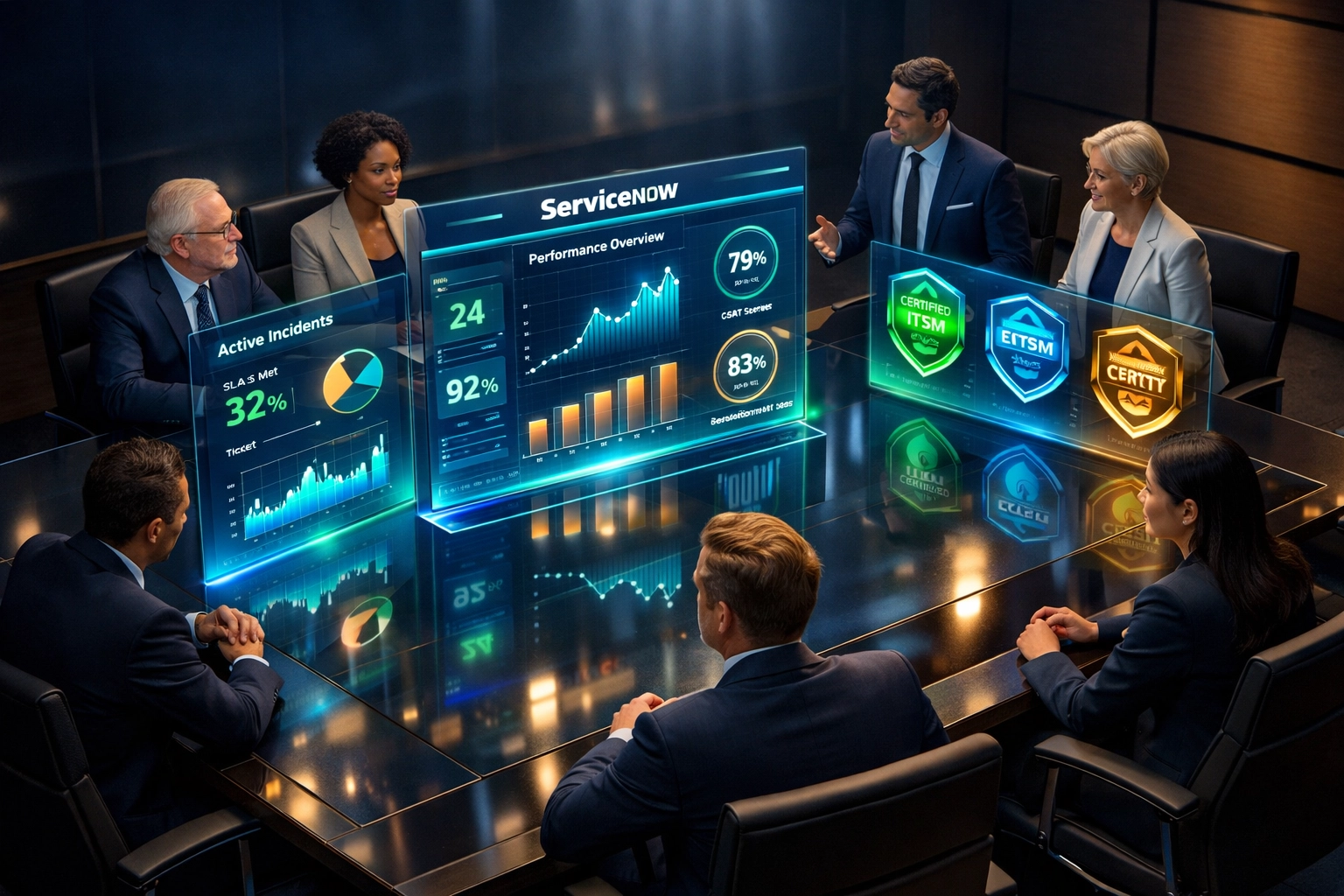 Business executives reviewing ServiceNow consulting partner KPIs and performance metrics on dashboards