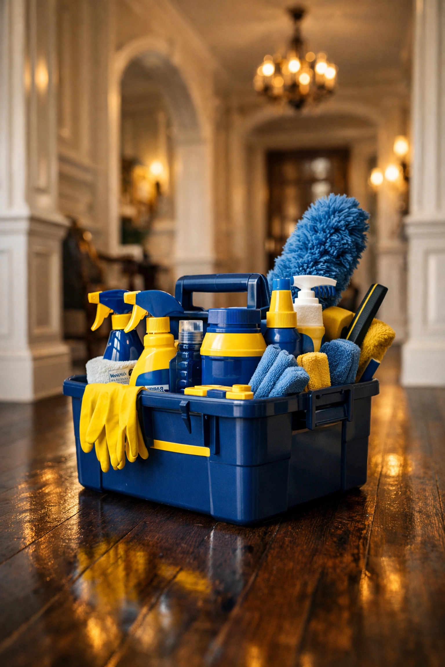 Residential cleaning MA supplies ready for a mission in a luxury estate hallway.