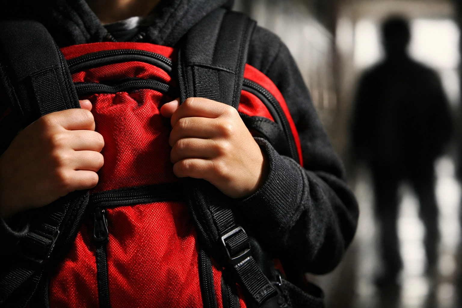Child using backpack as protective barrier to create personal space in school hallway
