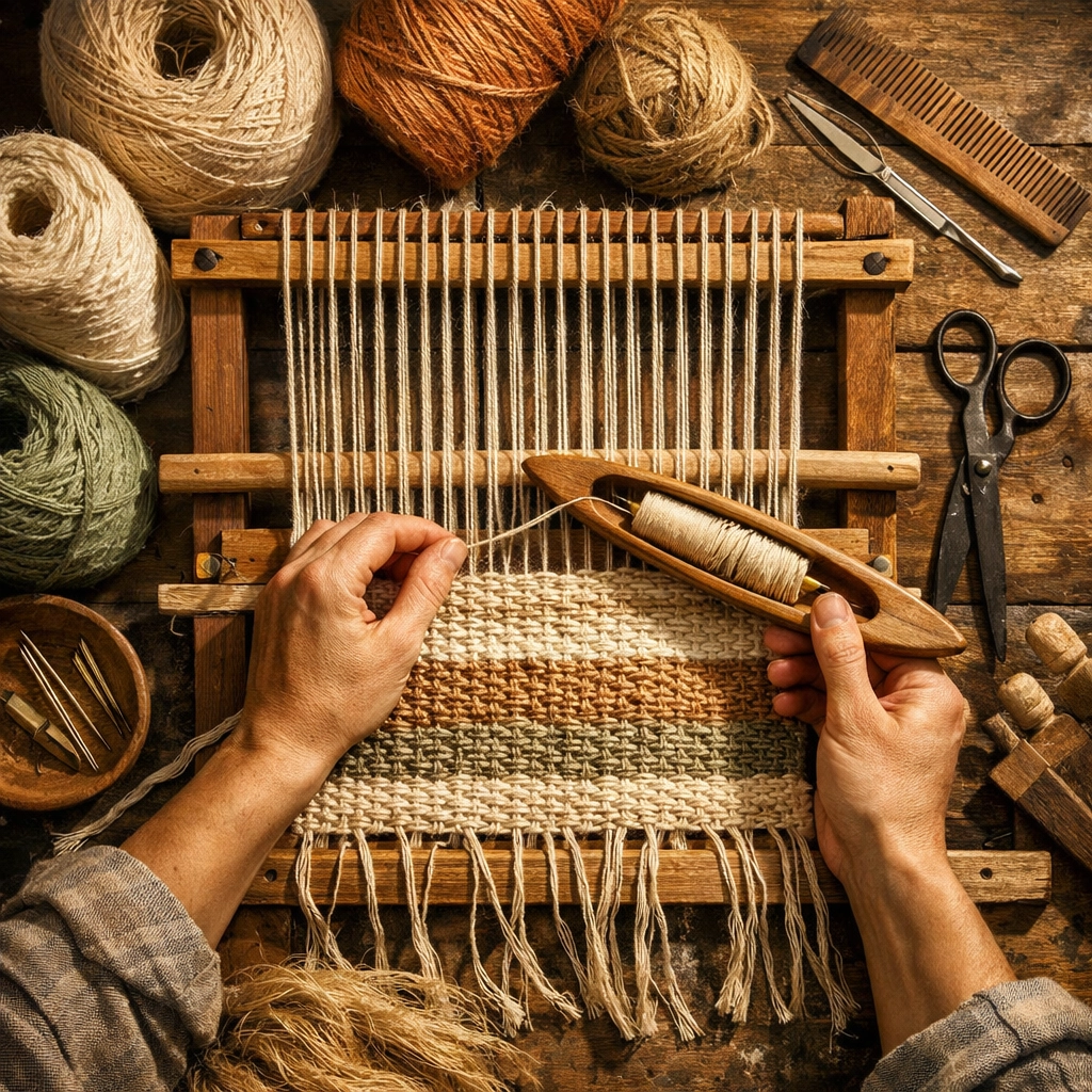 Artisan hands weaving natural fibers on traditional loom showcasing handmade craftsmanship process