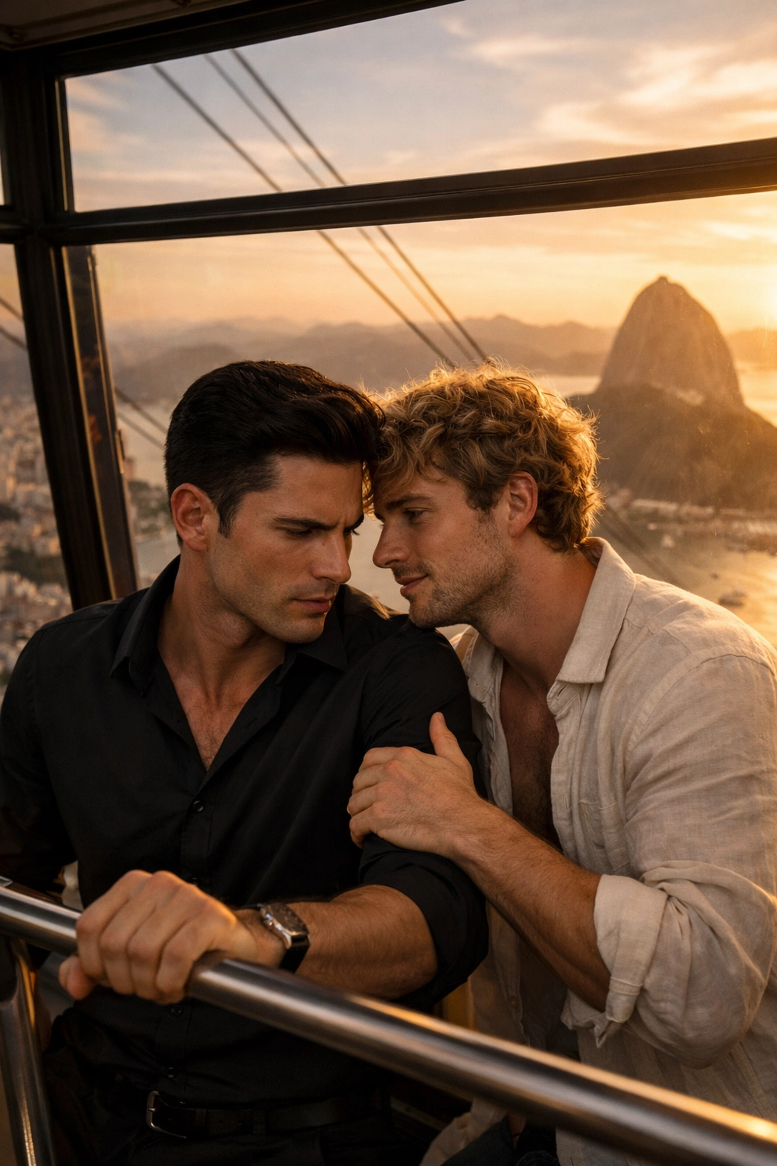 Gay couple in Sugarloaf cable car, Rio - grumpy sunshine MM romance moment at golden hour
