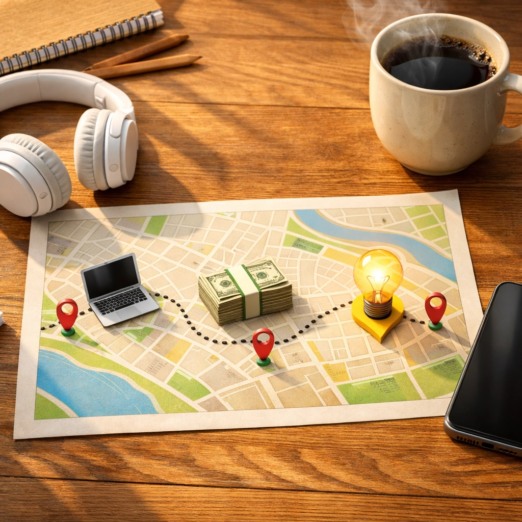 Workspace flat lay with a success roadmap, tech tools, and money representing AI business growth.