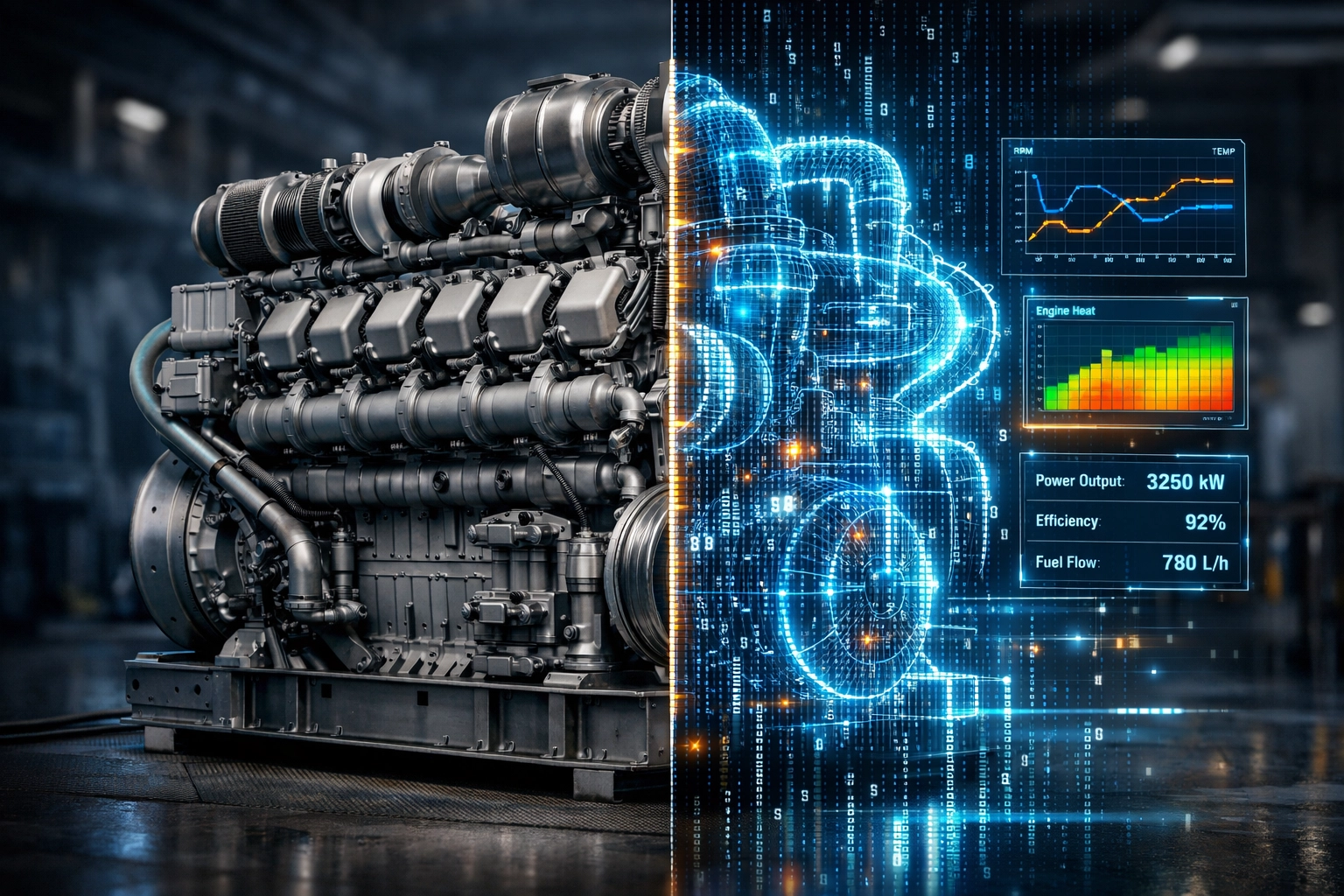 Digital twin of an industrial engine for AI predictive maintenance and IoT monitoring.