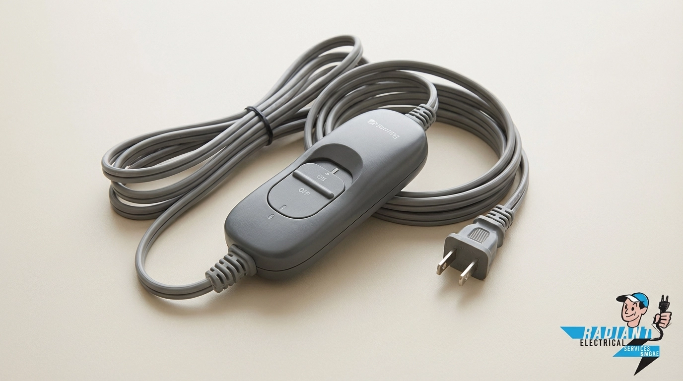 Electrical outlet with plugged-in cord and electric blanket promoting safe winter energy use in Lawrenceville home