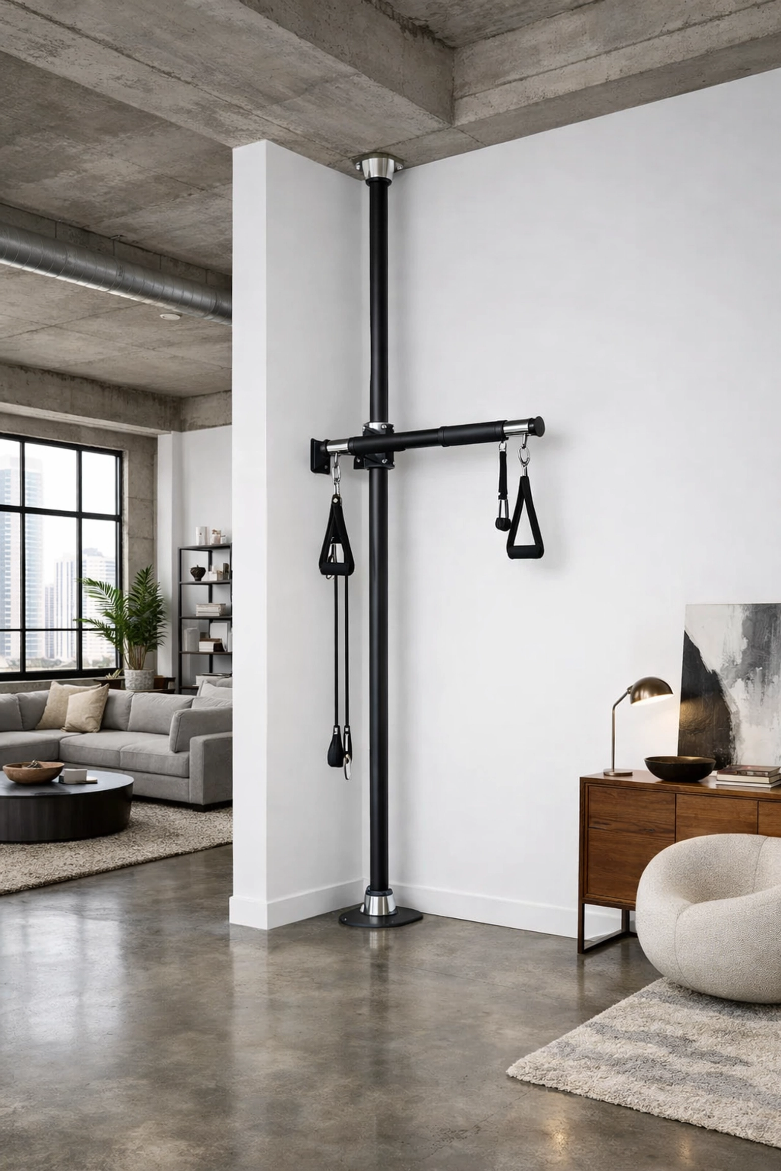 Professional home gym equipment installed in a living room with no wall damage.