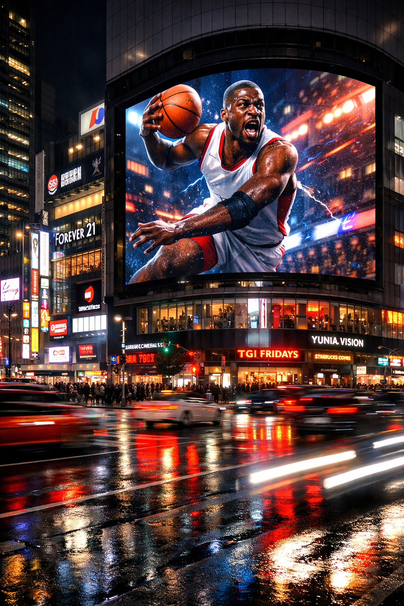 Dynamic digital billboard showcasing athlete branding and real-time sports updates in a city square.