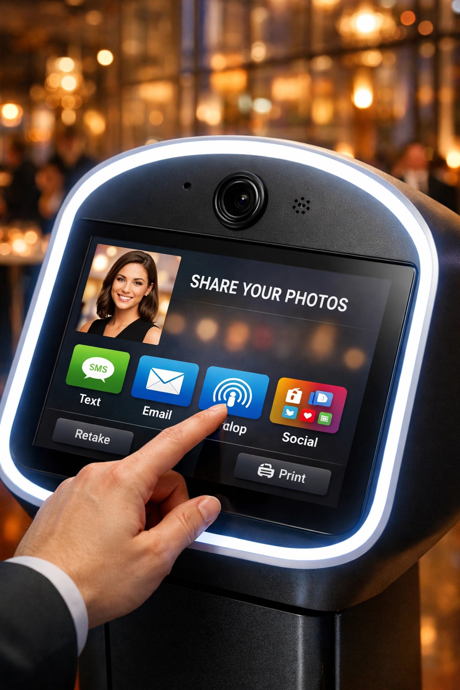 Sleek photo booth rental Philadelphia touchscreen interface for data capture at a high-end corporate event.