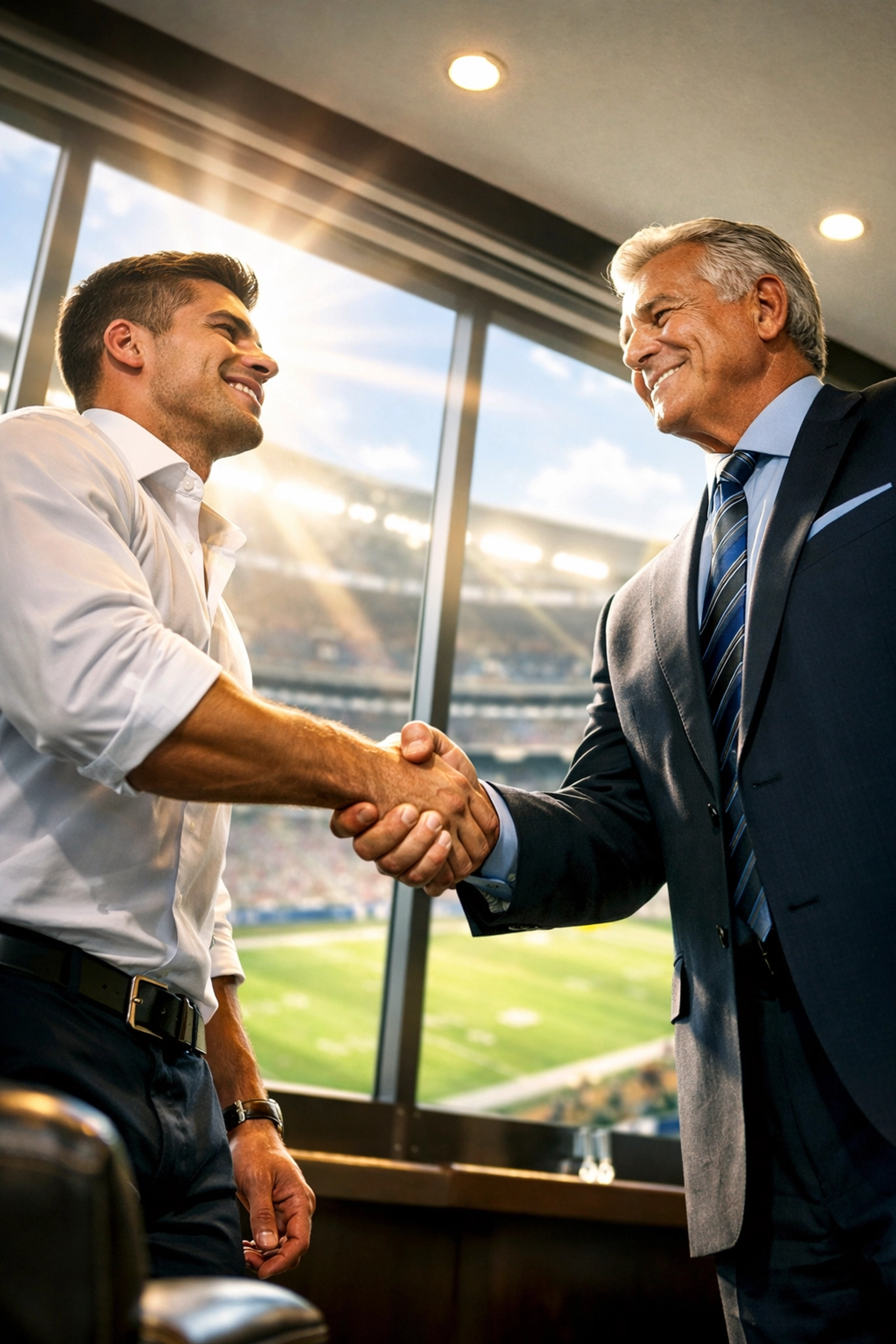 College athlete networking with a sports executive in a stadium suite to explore careers beyond football.