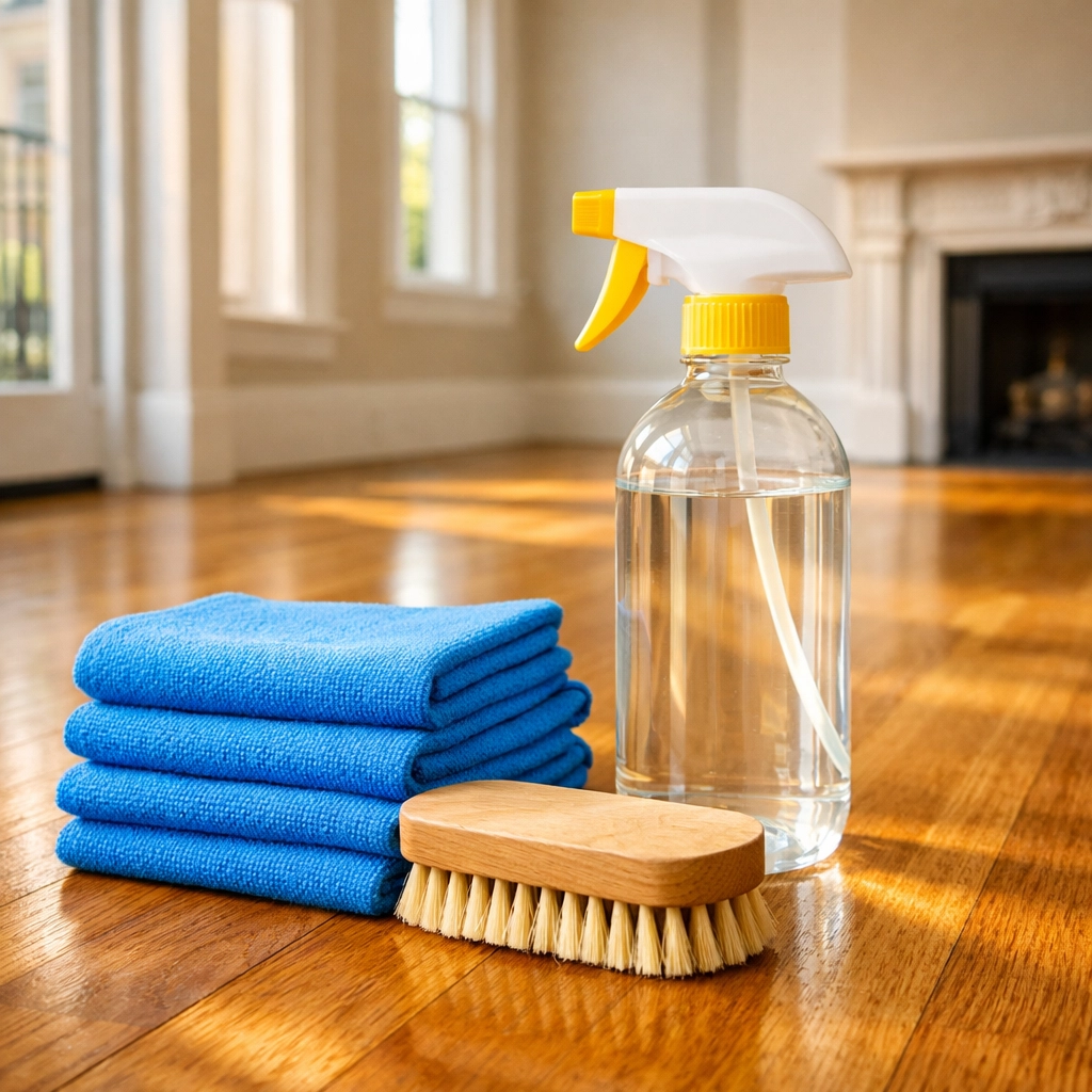 Eco-friendly supplies on a polished hardwood floor for a detailed Boston apartment move-out cleaning.