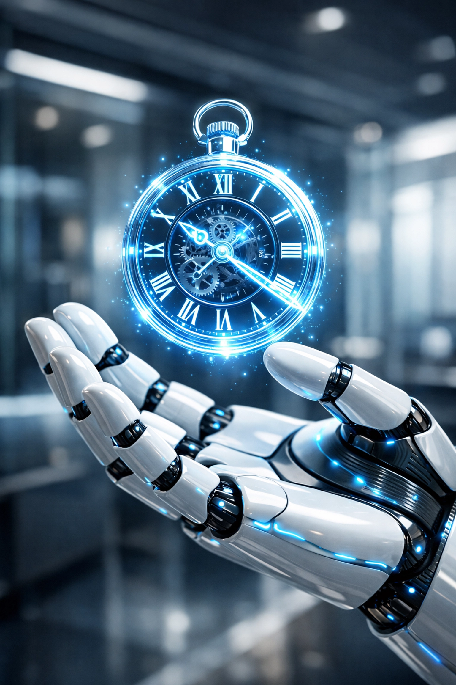 Ein Roboterarm hält eine leuchtende Uhr als Symbol für Zeitersparnis durch Automatisierung im Backoffice.