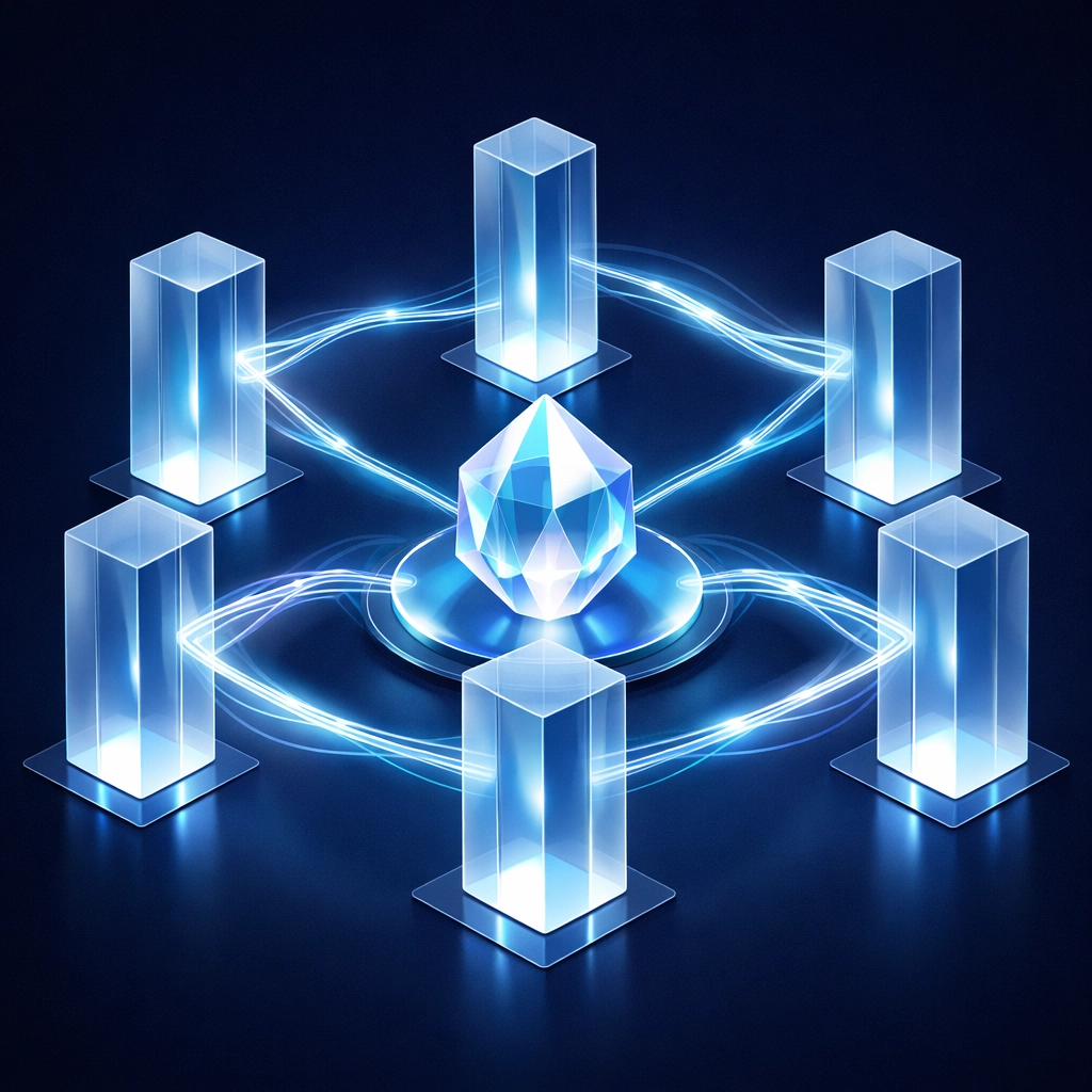 Secure data architecture showing interconnected silos and a central hub for business AI oversight.