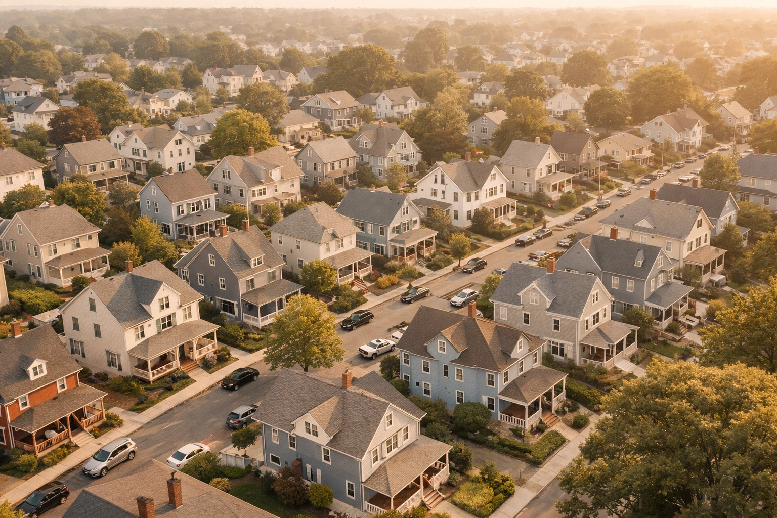 Aerial view of Malden MA residential neighborhood showing single family homes and tree-lined streets