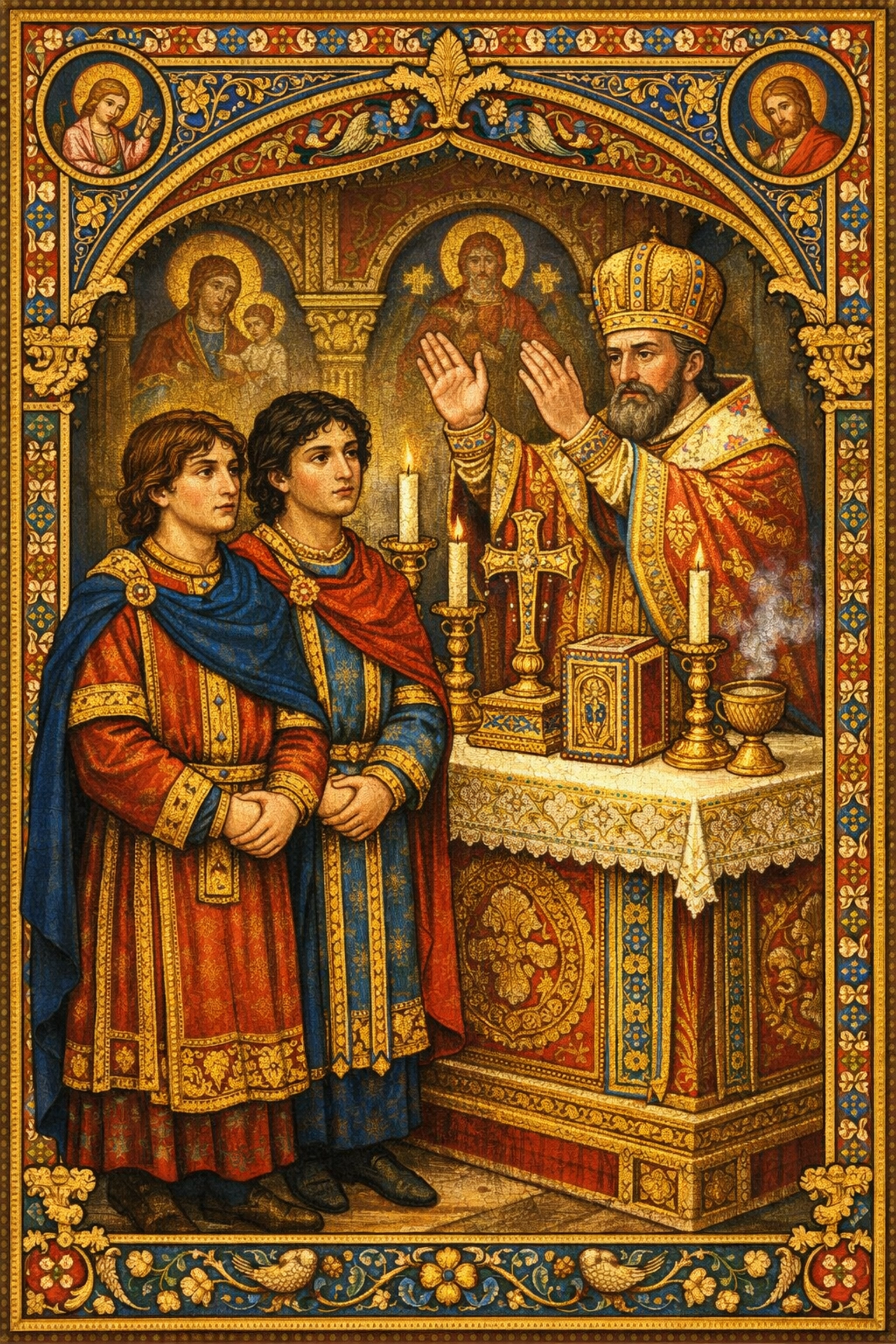 Byzantine priest blessing two men in adelphopoiesis same-sex union ceremony