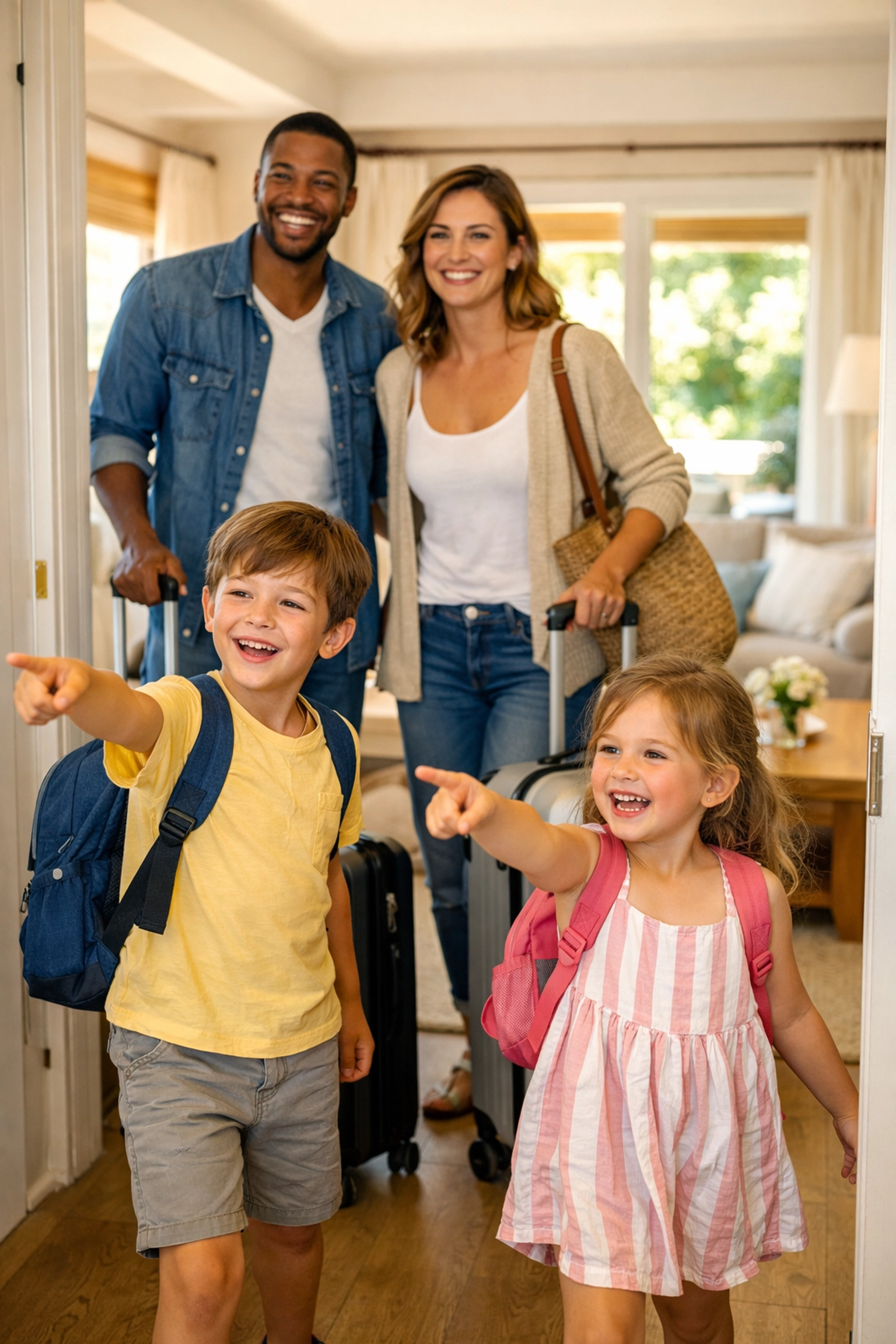Happy family entering a clean Kissimmee vacation rental, illustrating a positive first impression.