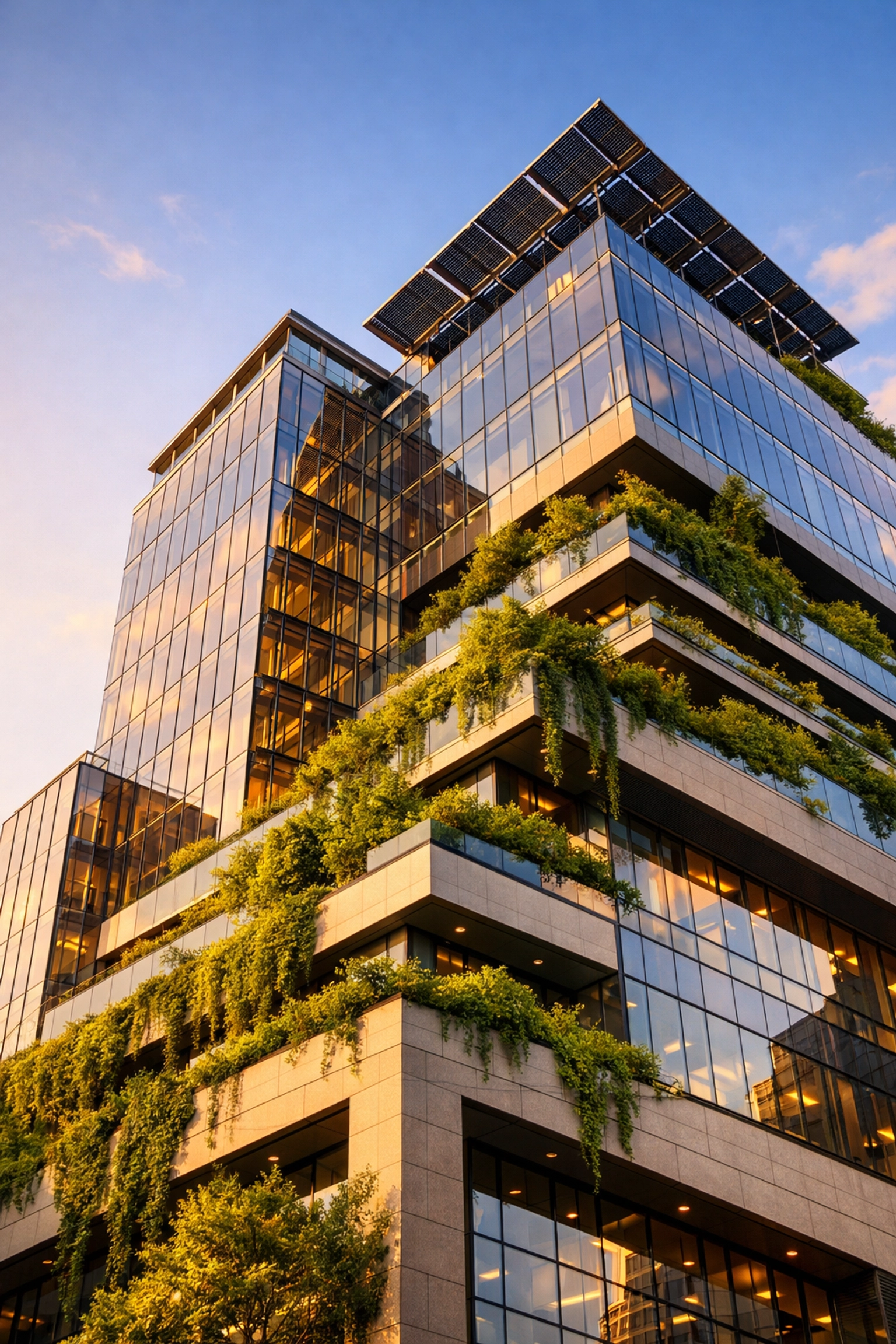 Modern sustainable corporate headquarters showing long-term investment in rooftop solar power and green energy.