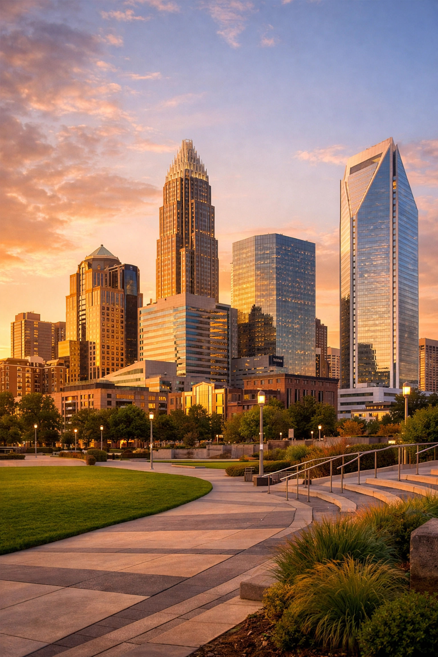 Uptown Charlotte skyline at sunset near major corporate hubs, a prime location for professional rooms for rent.
