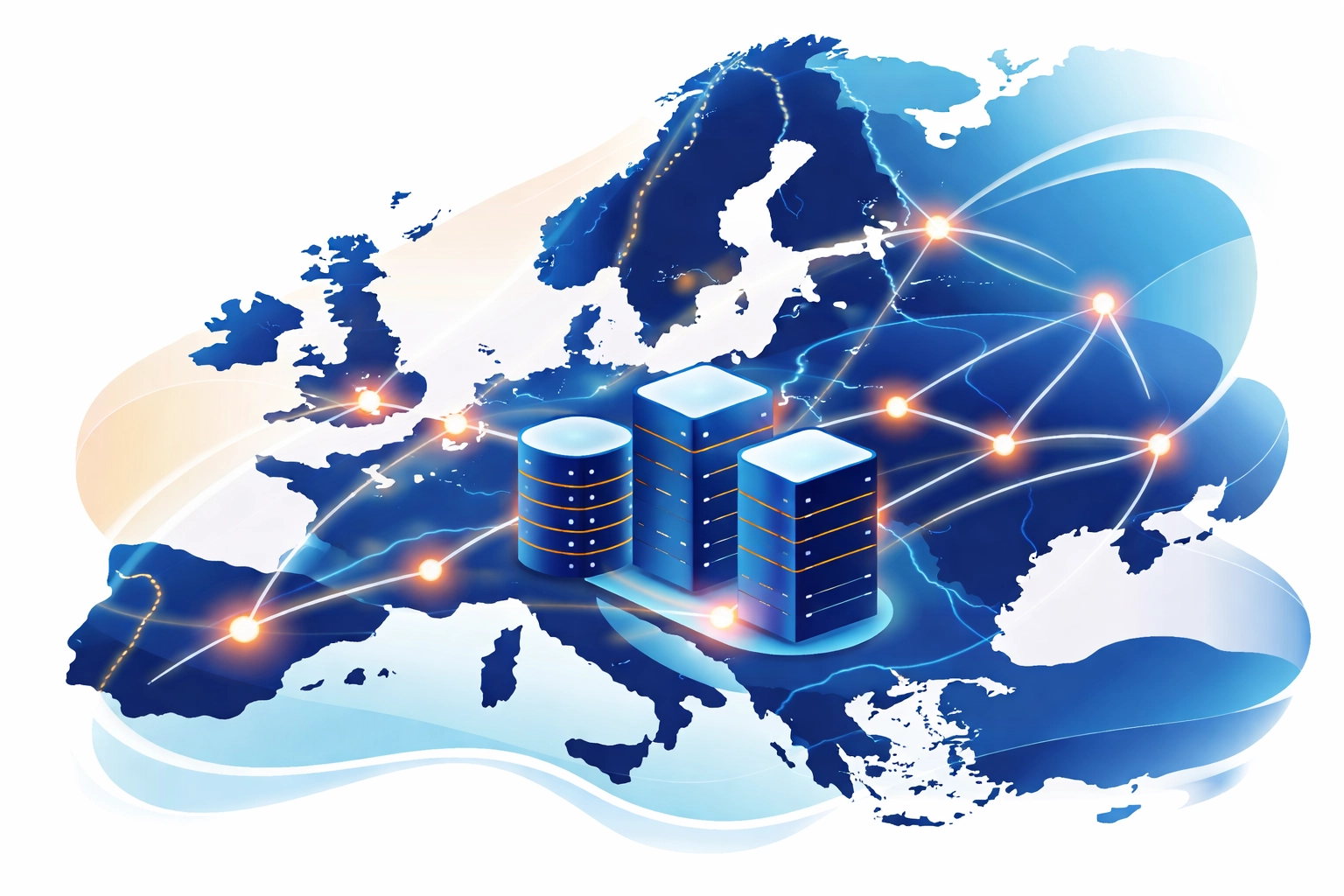 Minimalist map of Europe with fast data flow lines, representing reliable EU-based hosting for Cyprus websites
