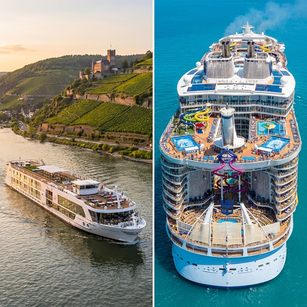 Side-by-side comparison of a river cruise ship on a European river and a large ocean cruise ship in the Mediterranean, highlighting ship size and atmosphere for travel planning.