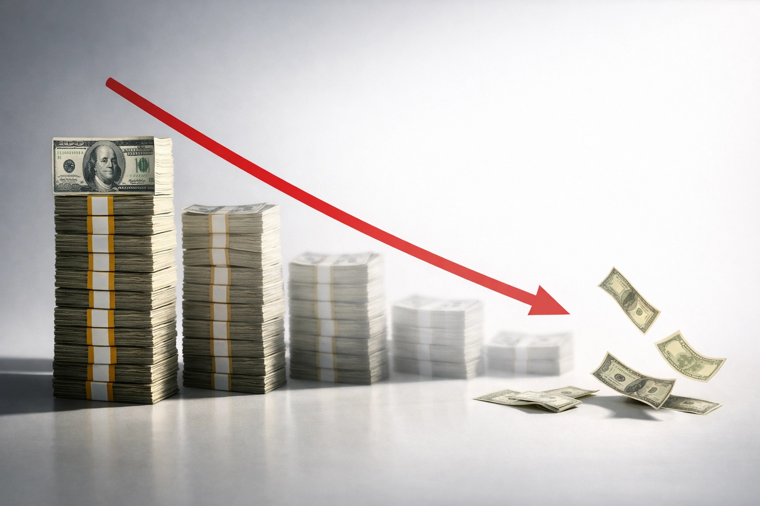 Declining stacks of cash illustrating revenue loss from physical therapy billing errors