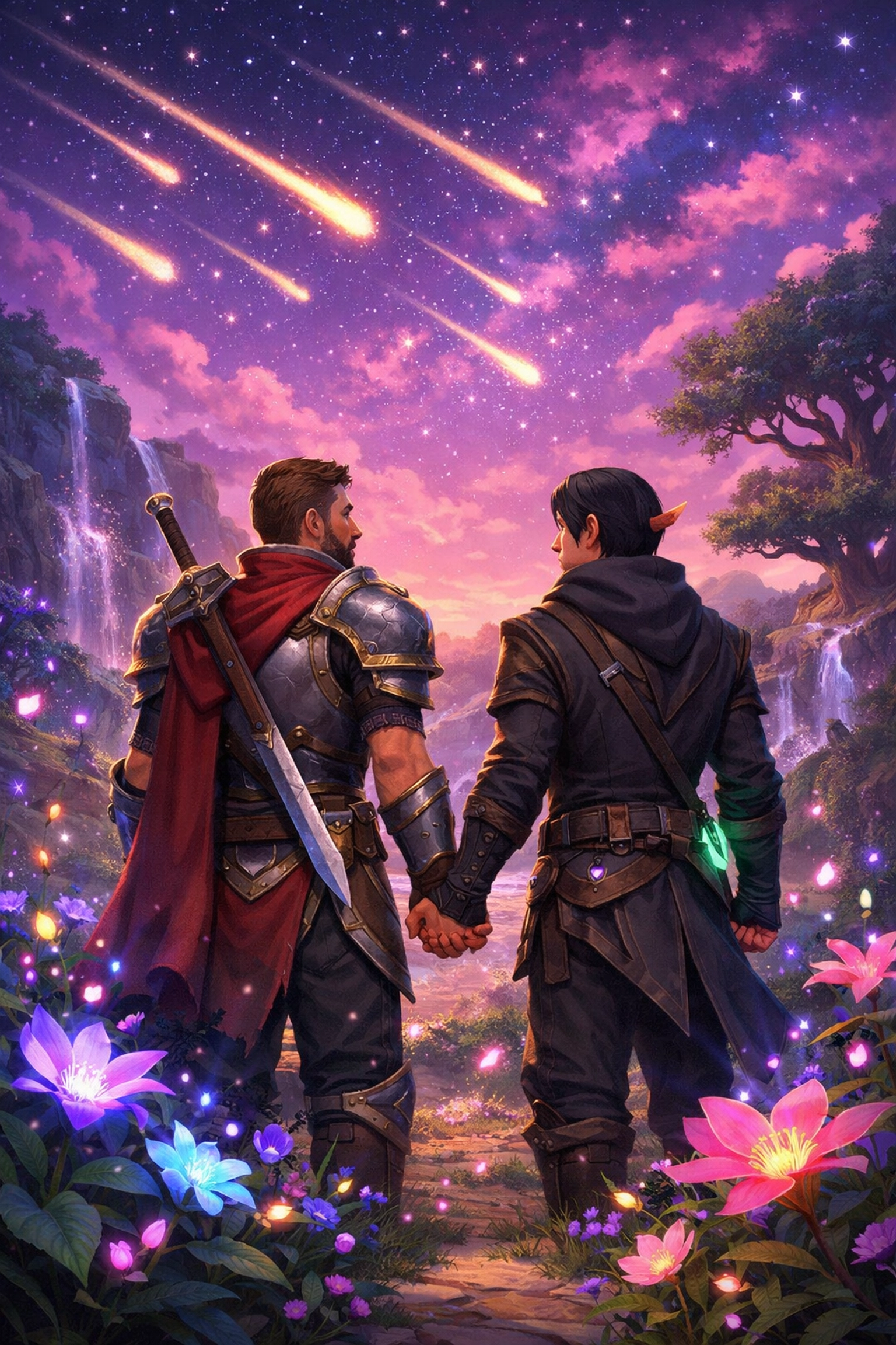 Male gaming avatars holding hands in Starfall Grove MMORPG romance scene