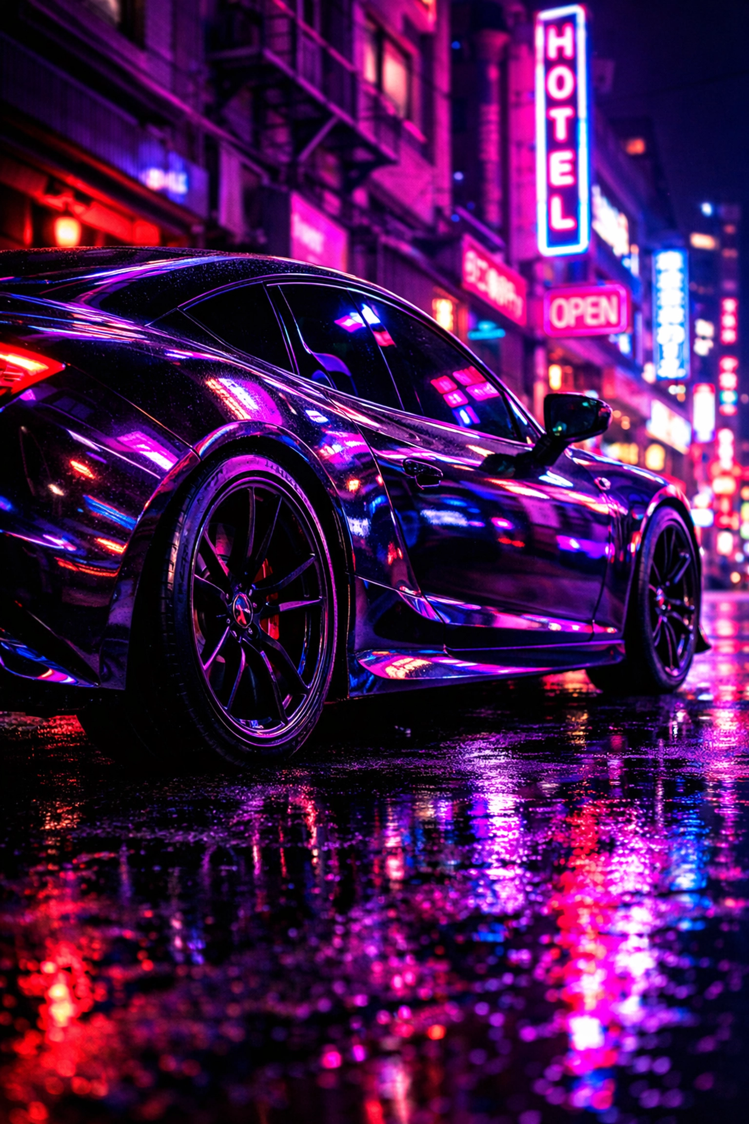 Professional window tinting in Chattanooga TN on a sleek sports car with neon reflections.