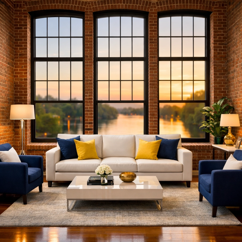 Luxury mill living room near the Merrimack after professional house cleaning Lowell MA services.