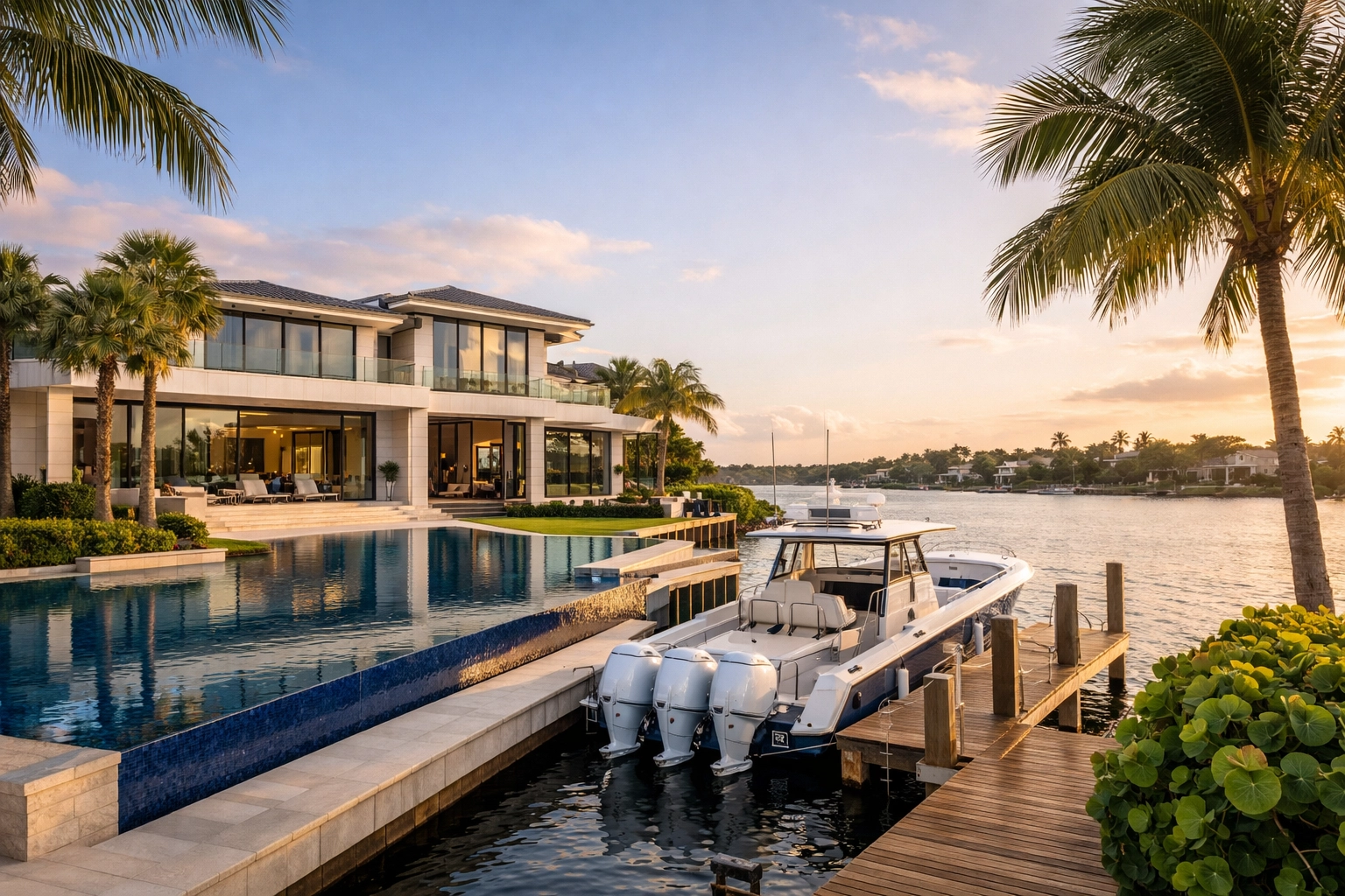 Luxury waterfront estate in Jupiter, Florida, featuring a private dock and modern coastal architecture.