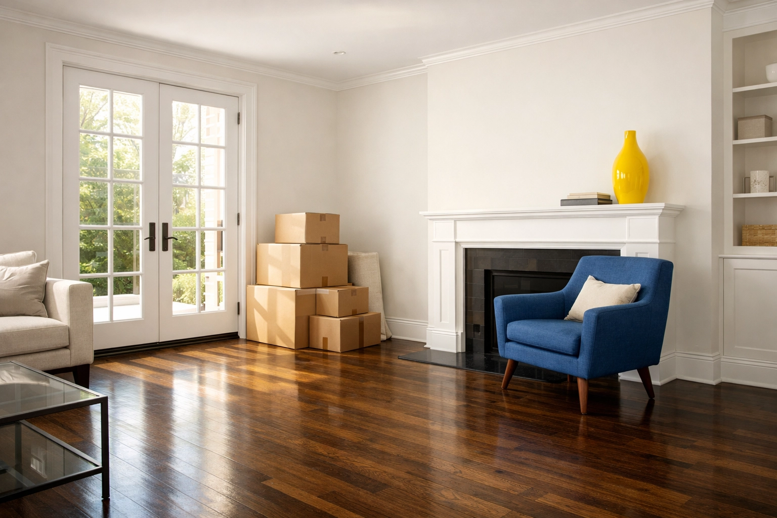 Clean West Cambridge living room with polished floors, ready for move-out cleaning Cambridge inspection.