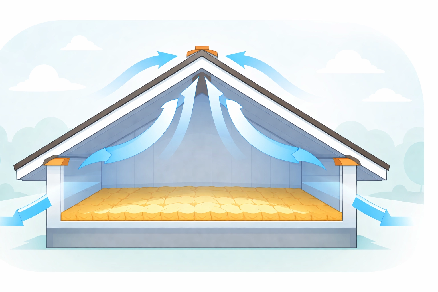 Cross-section illustration of a well-ventilated loft showing airflow from soffit to ridge vents and proper insulation