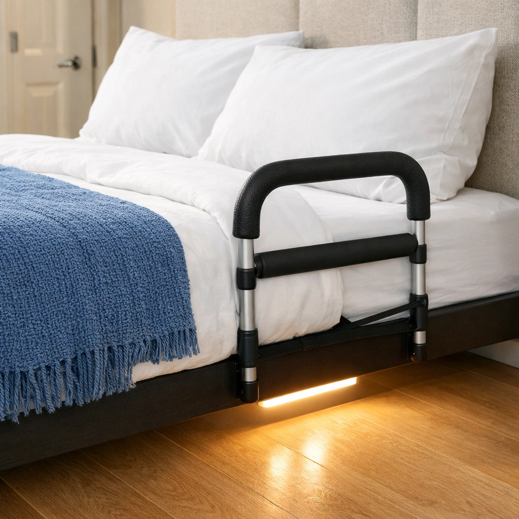 A cozy bed featuring a safety assist rail and motion-sensor lighting to prevent falls at night.