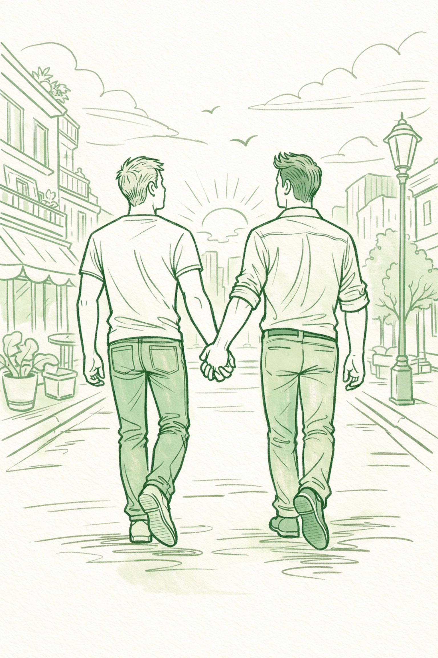 A confident gay couple walking hand-in-hand, finding their authentic voice through queer fiction.