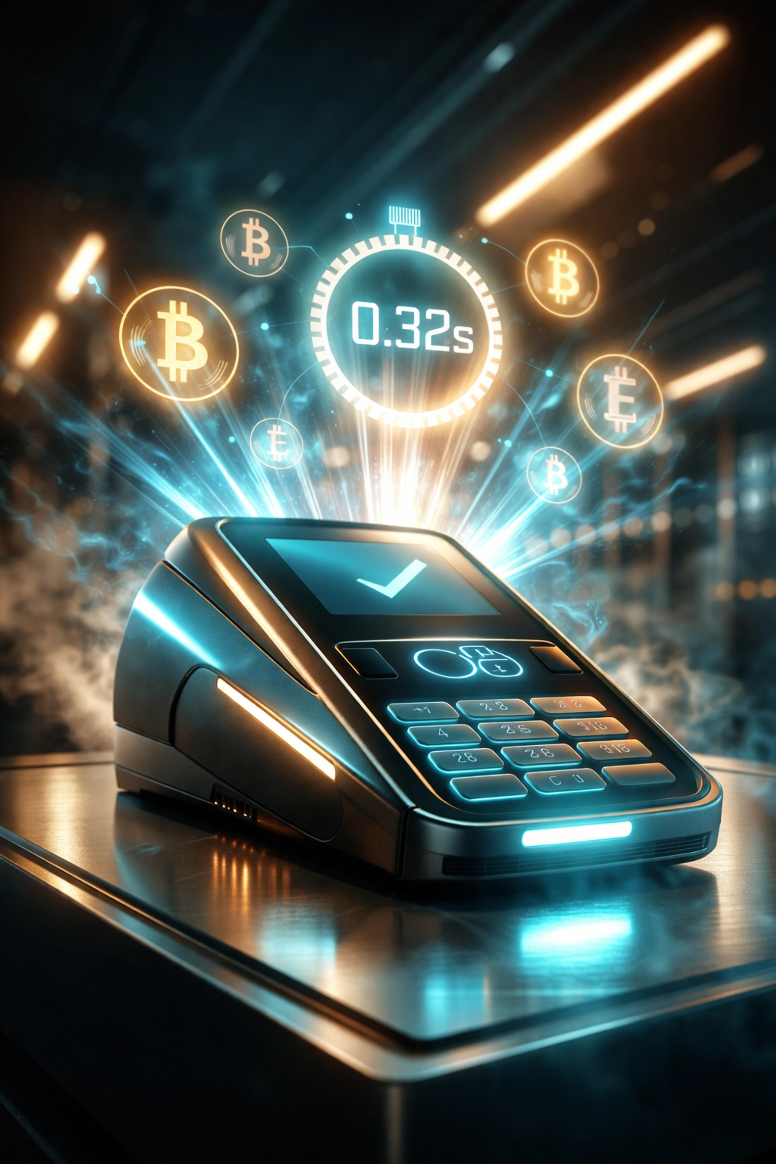 Futuristic crypto POS terminal on retail counter showing instant transaction speed for small businesses