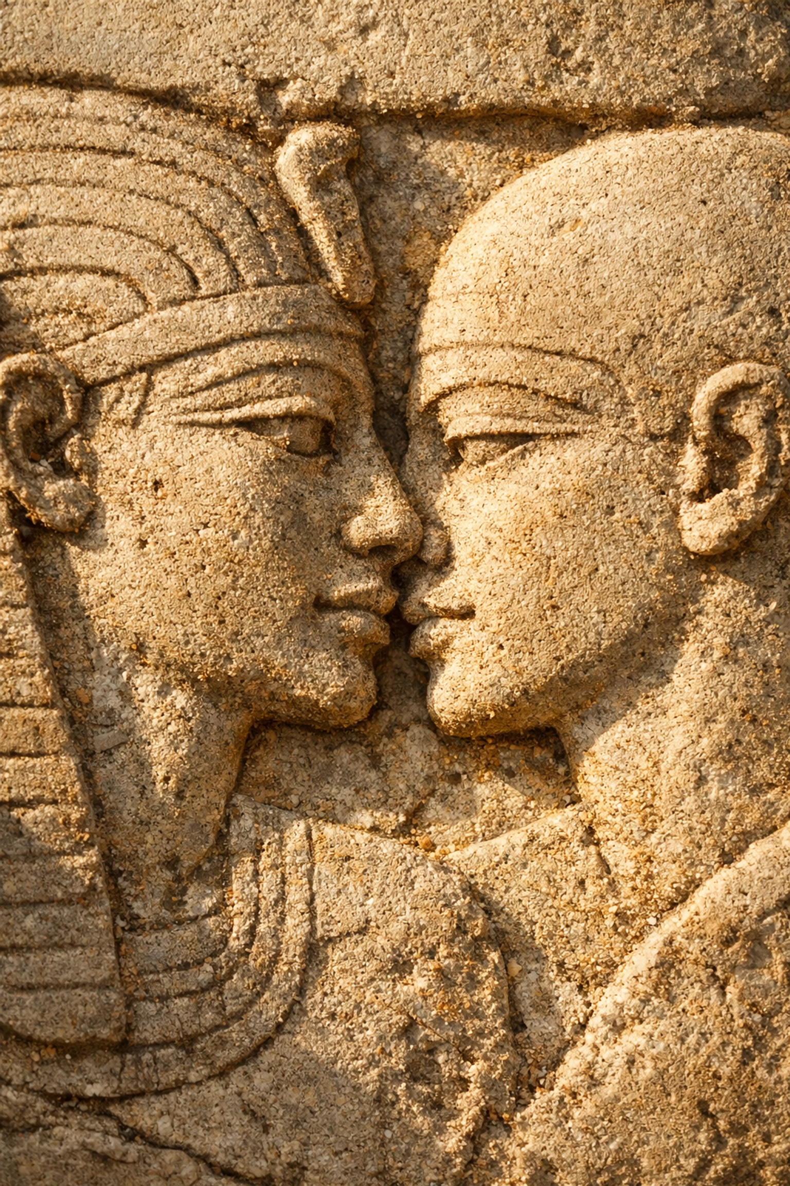 Close-up of limestone carving showing Niankhkhnum and Khnumhotep's intimate embrace
