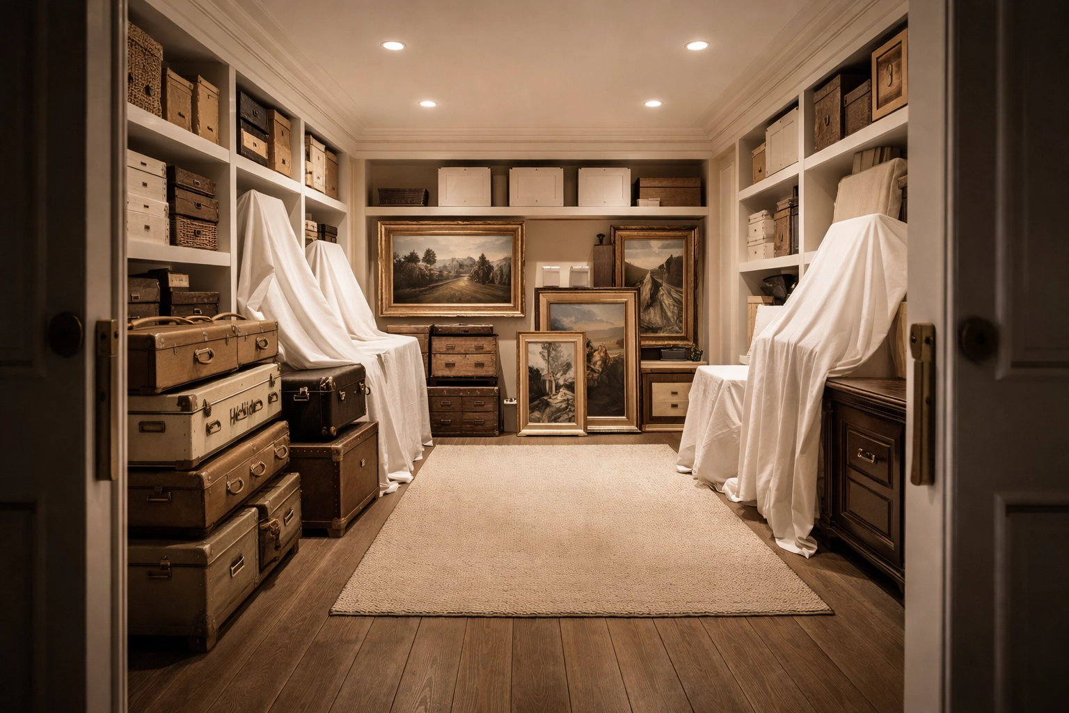Spacious walk-in storage room in Powell filled with organized belongings, highlighting typical downsizing needs for families.