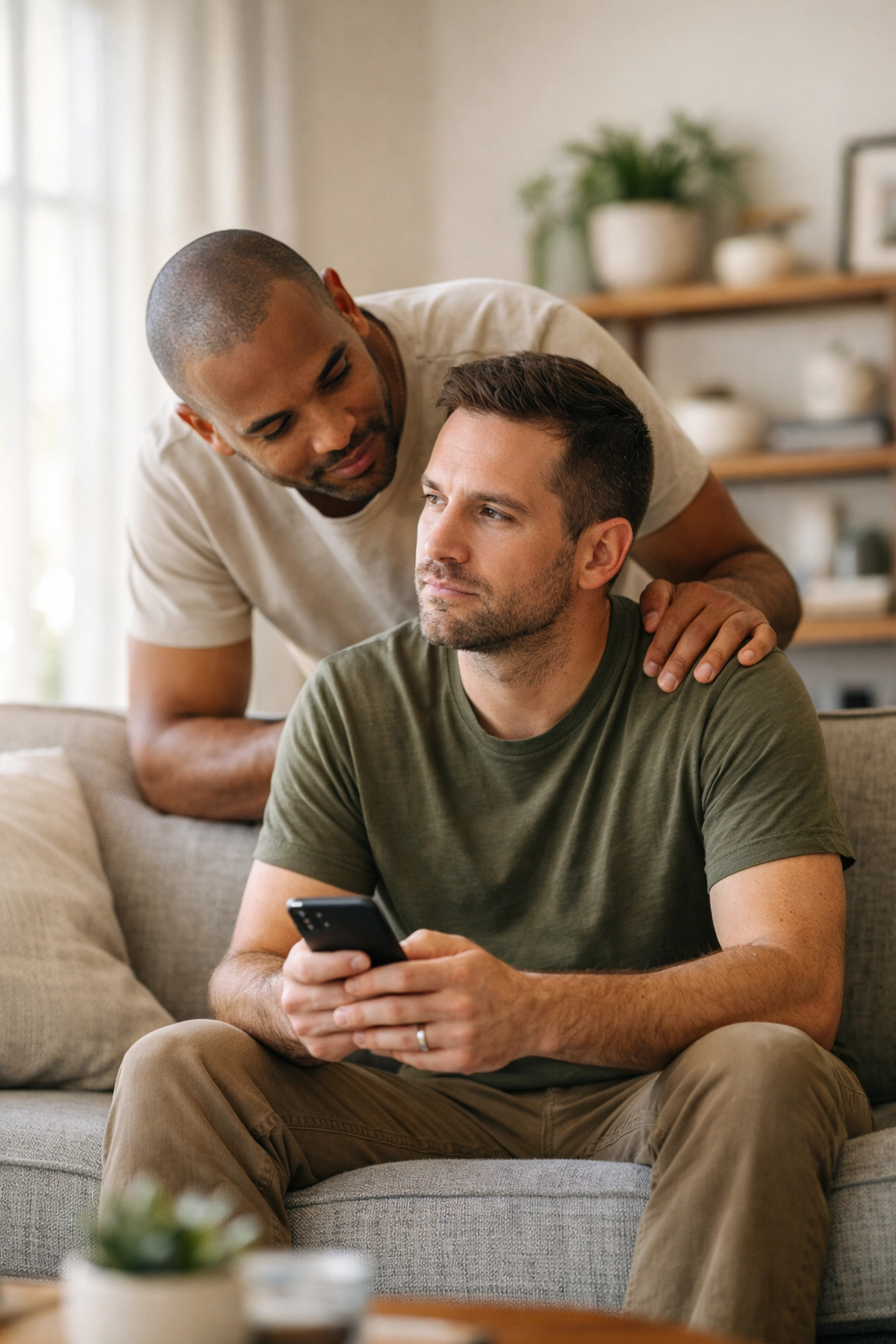 Gay male couple in a modern apartment discussing sexual health and STI testing awareness.