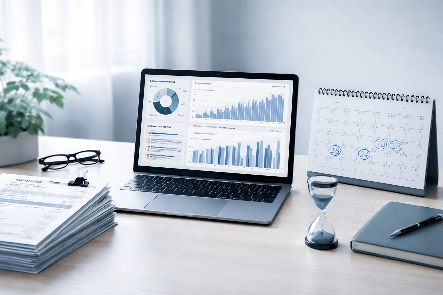 Modern office desk with financial dashboard, invoices, and calendar illustrating ACH payment processing flow