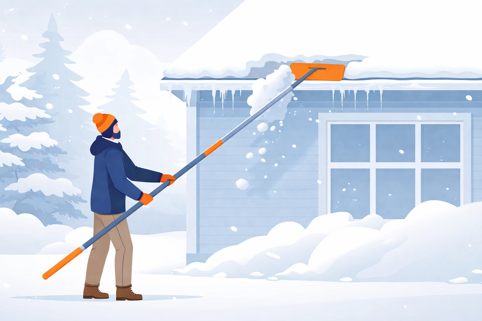 Person clearing snow from a roof edge with a roof rake to prevent ice dams and protect gutters in winter