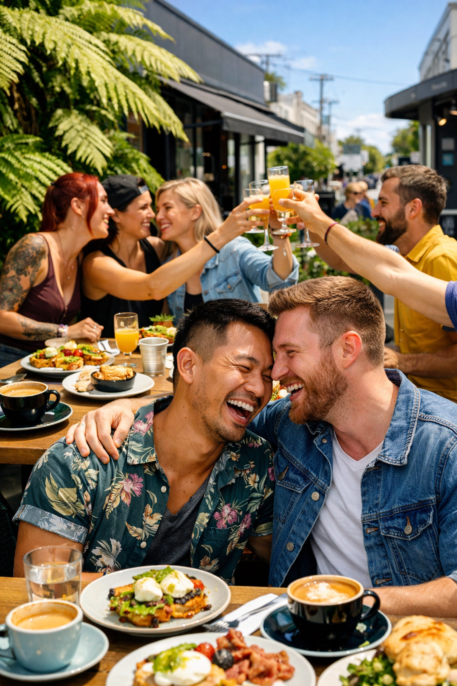 LGBTQ+ friends gather at an Auckland cafe, celebrating community and diverse queer life in NZ.