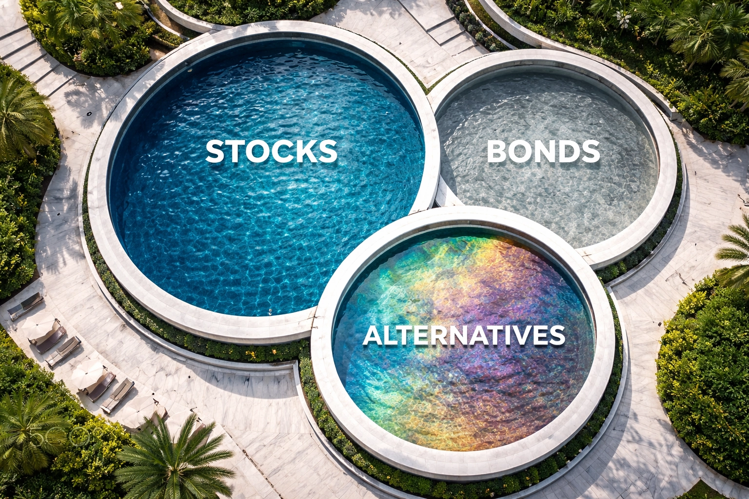 Aerial view of three interconnected pools illustrates the 40/30/30 diversification breakdown with stocks, bonds, and alternatives.