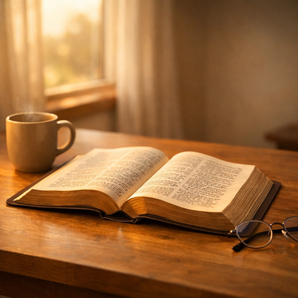 Open Bible with coffee cup on wooden table in morning light