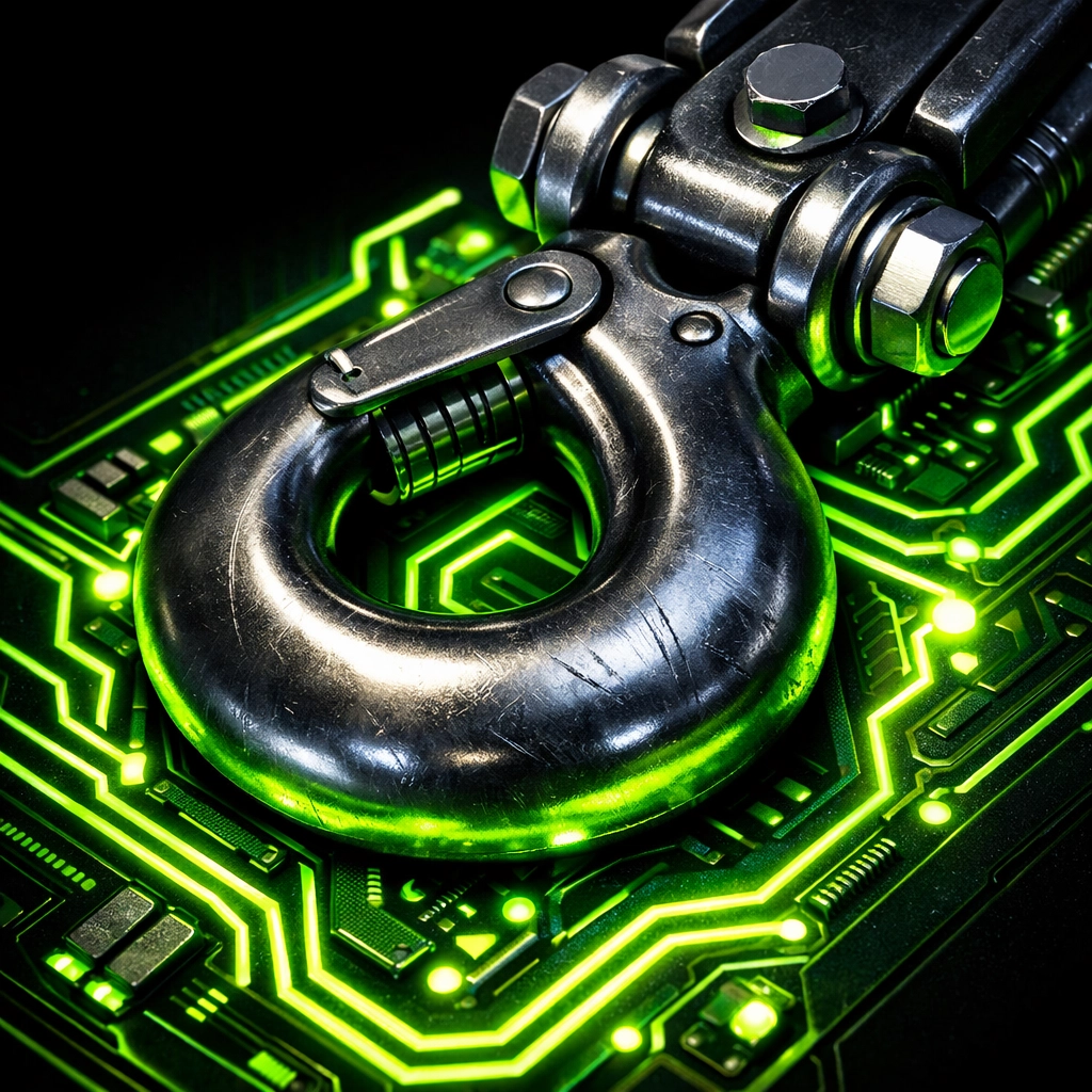 Towing hook on a digital circuit board representing integrated SEO infrastructure.