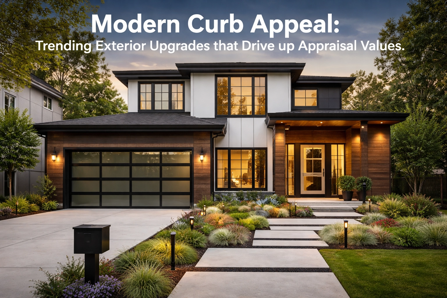 Modern house exterior with high-end curb appeal and landscaping