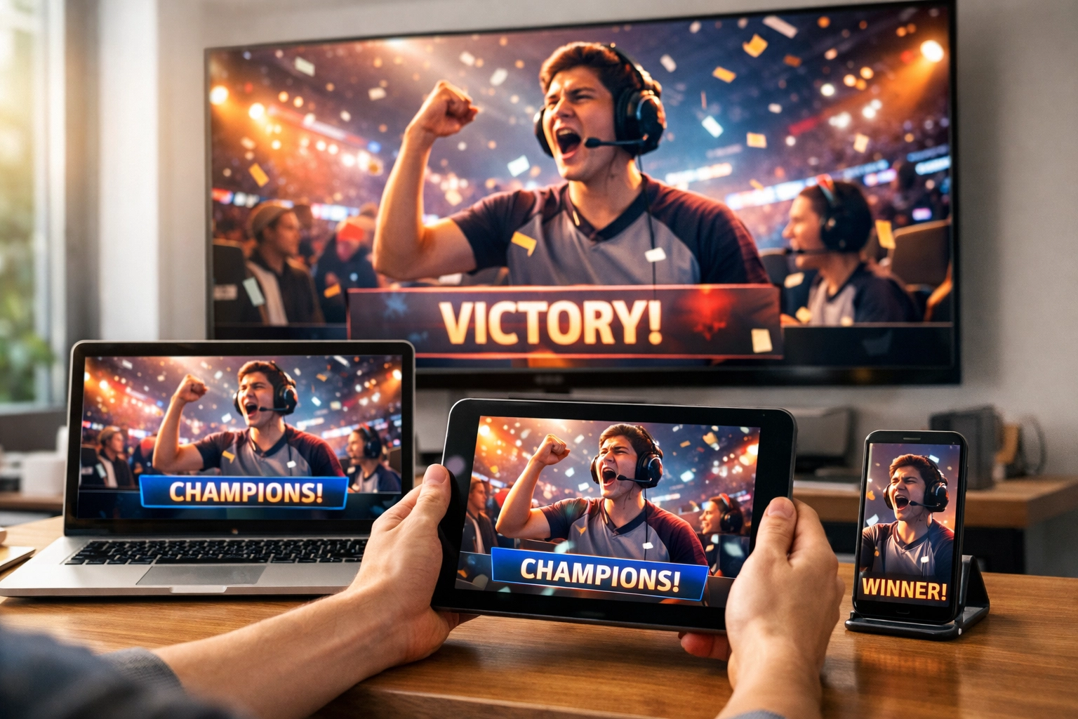 Cross-platform media distribution showing video content across multiple devices