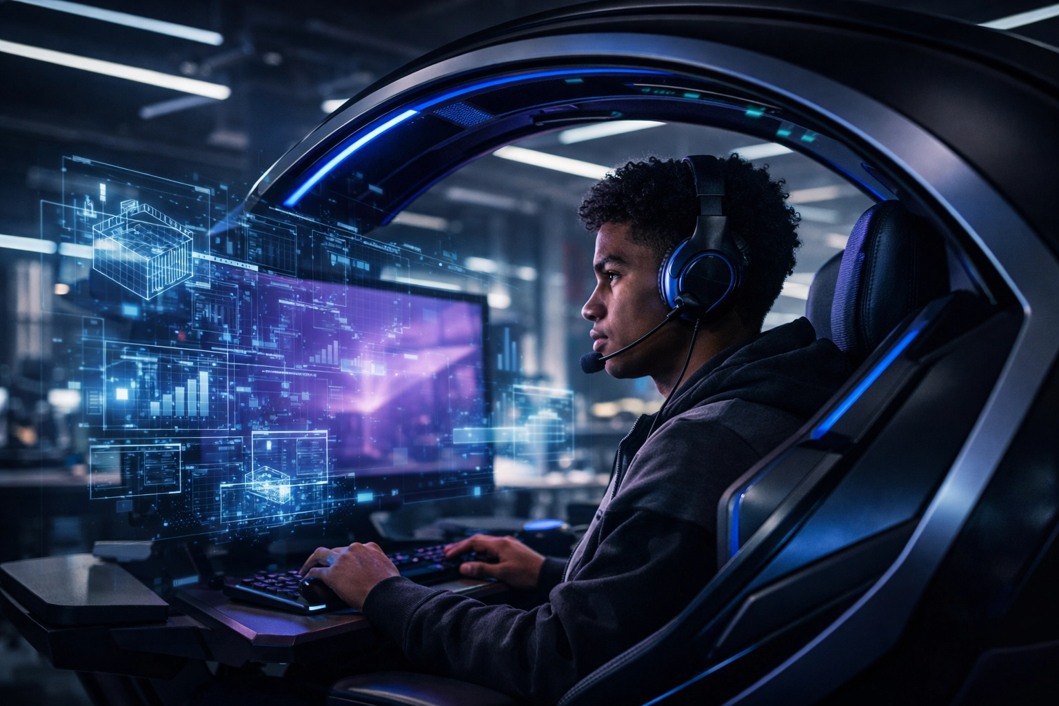 Student using a branded esports simulation pod to develop technical skills for a professional career pathway.