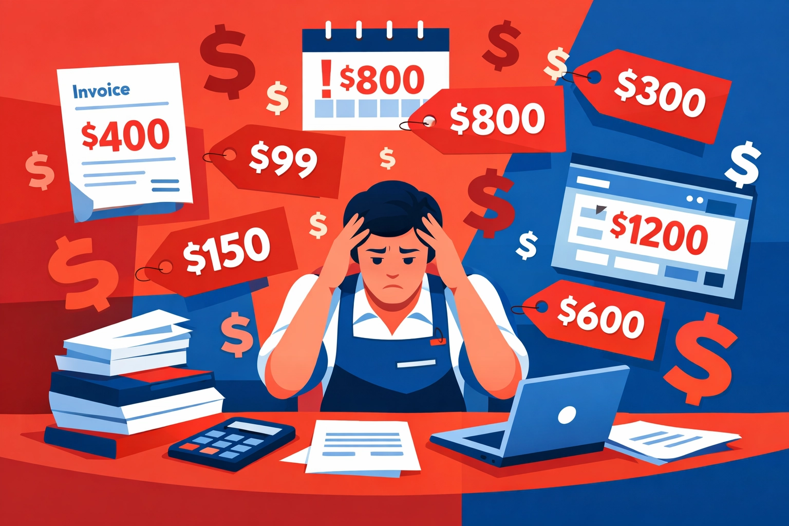 Small business owner stressed by rising field service software costs and hidden per-user fees