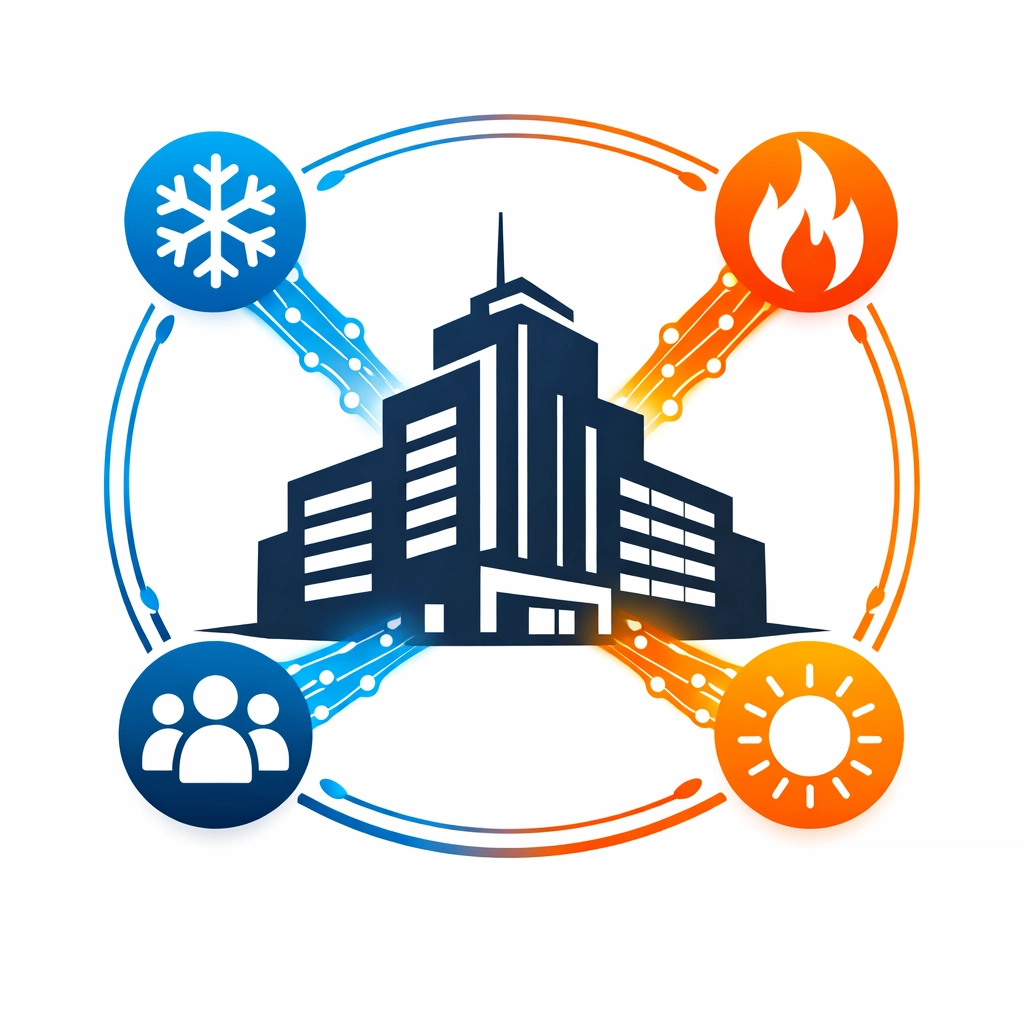 Smart commercial HVAC controls illustration showing AI data integration for building efficiency.